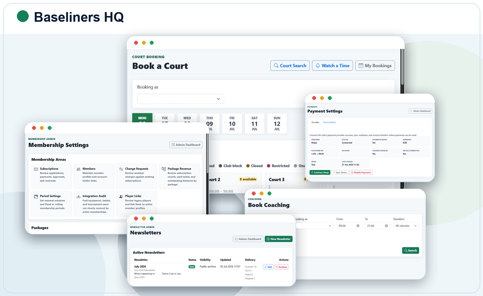 Baseliners HQ product screens for court booking, membership, payments, coaching and newsletters