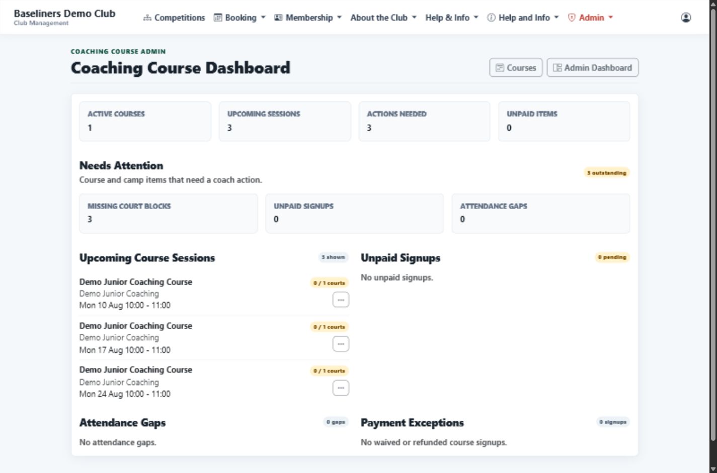 Baseliners HQ coaching course dashboard showing upcoming sessions, unpaid signups and actions needing attention