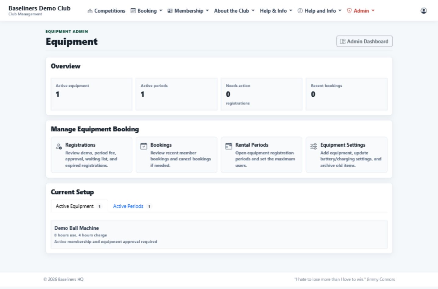 Equipment administration screen