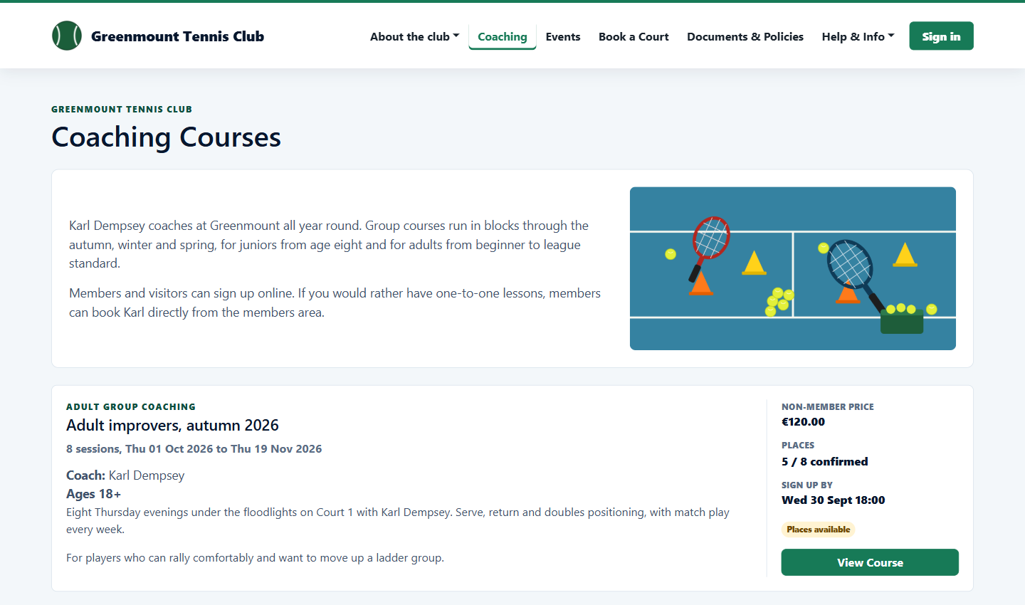 Public coaching page with an adult course