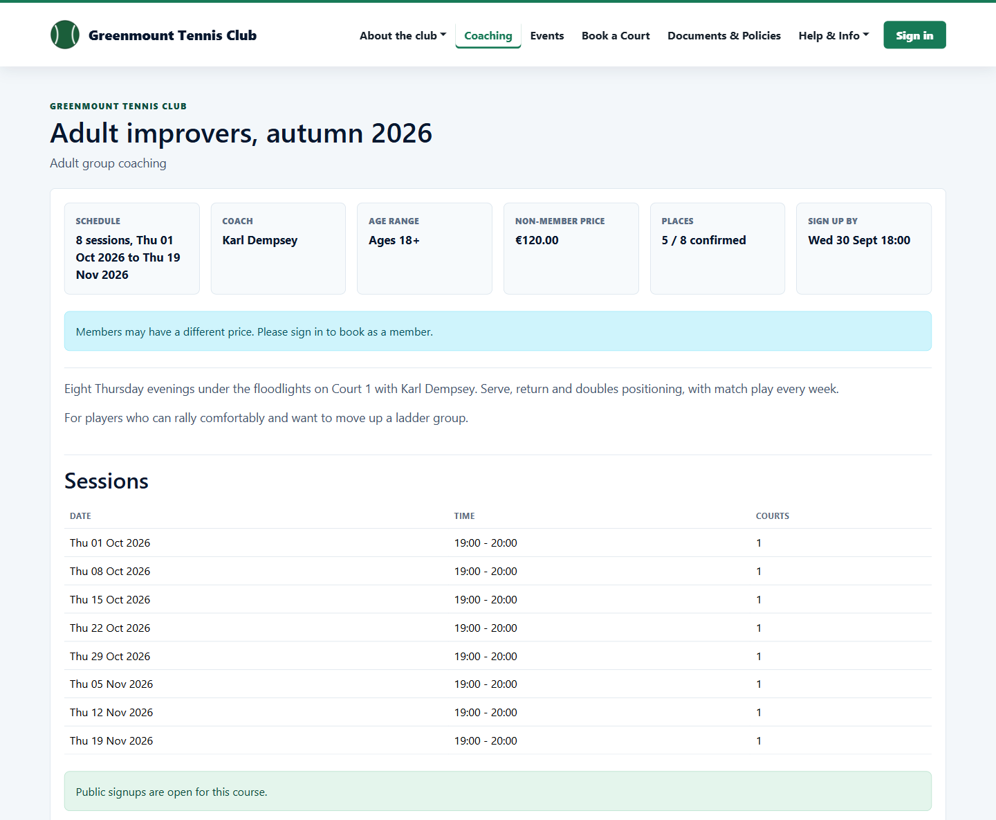 Public course page listing eight sessions