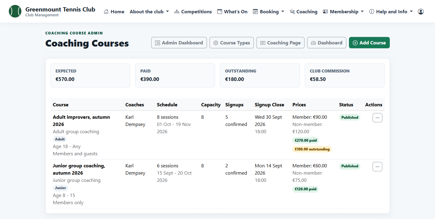 Admin list of coaching courses with payment totals