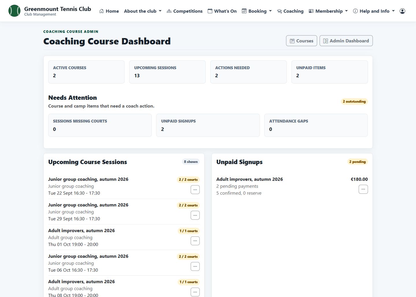 Coaching course dashboard with upcoming sessions, courts held and unpaid signups