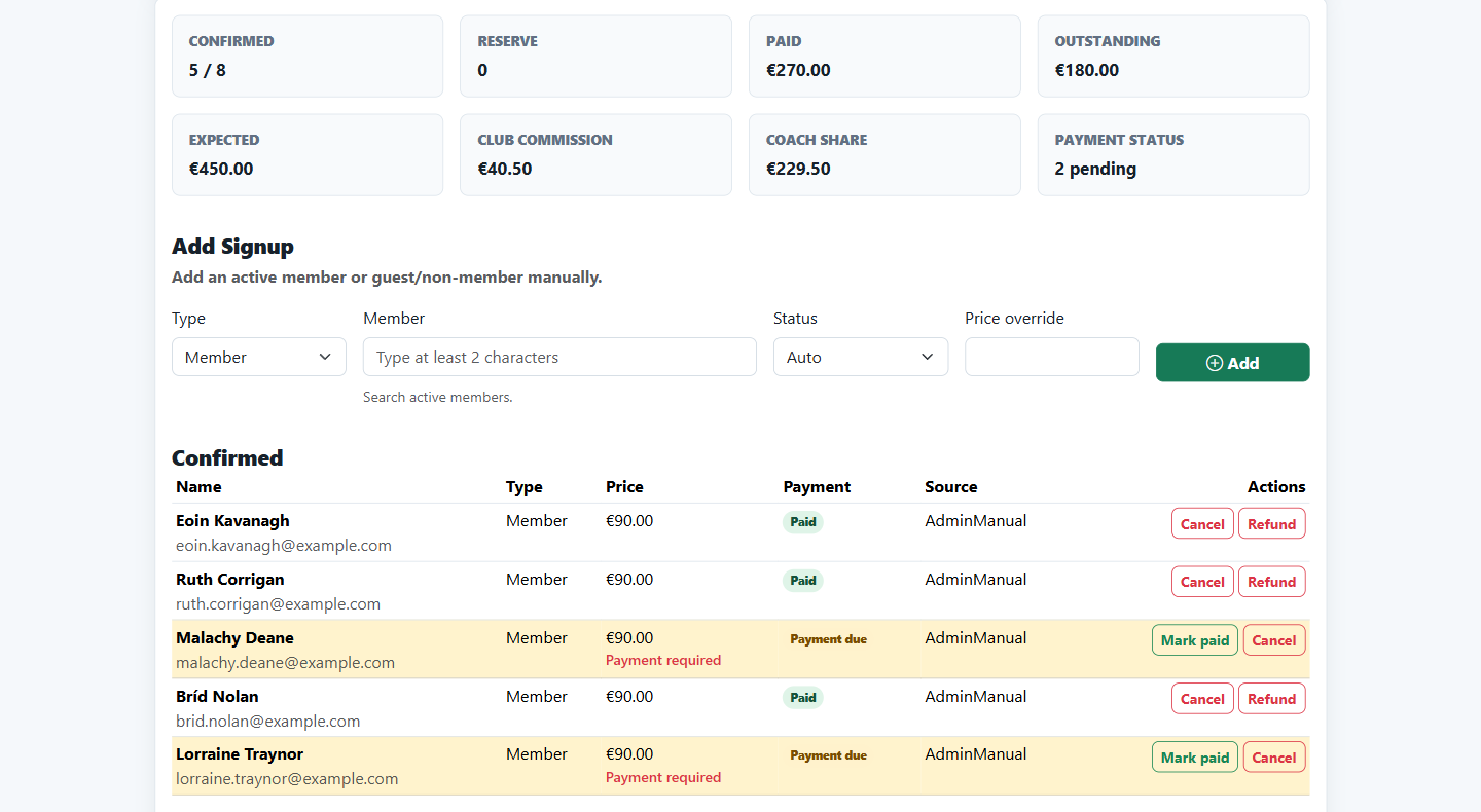 Course signups with paid and due payments