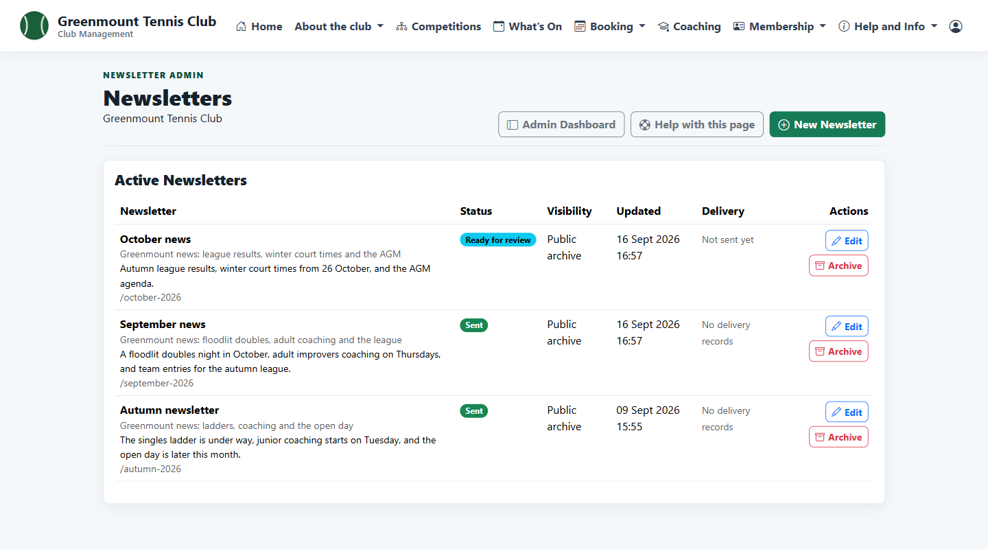 Admin list of newsletters