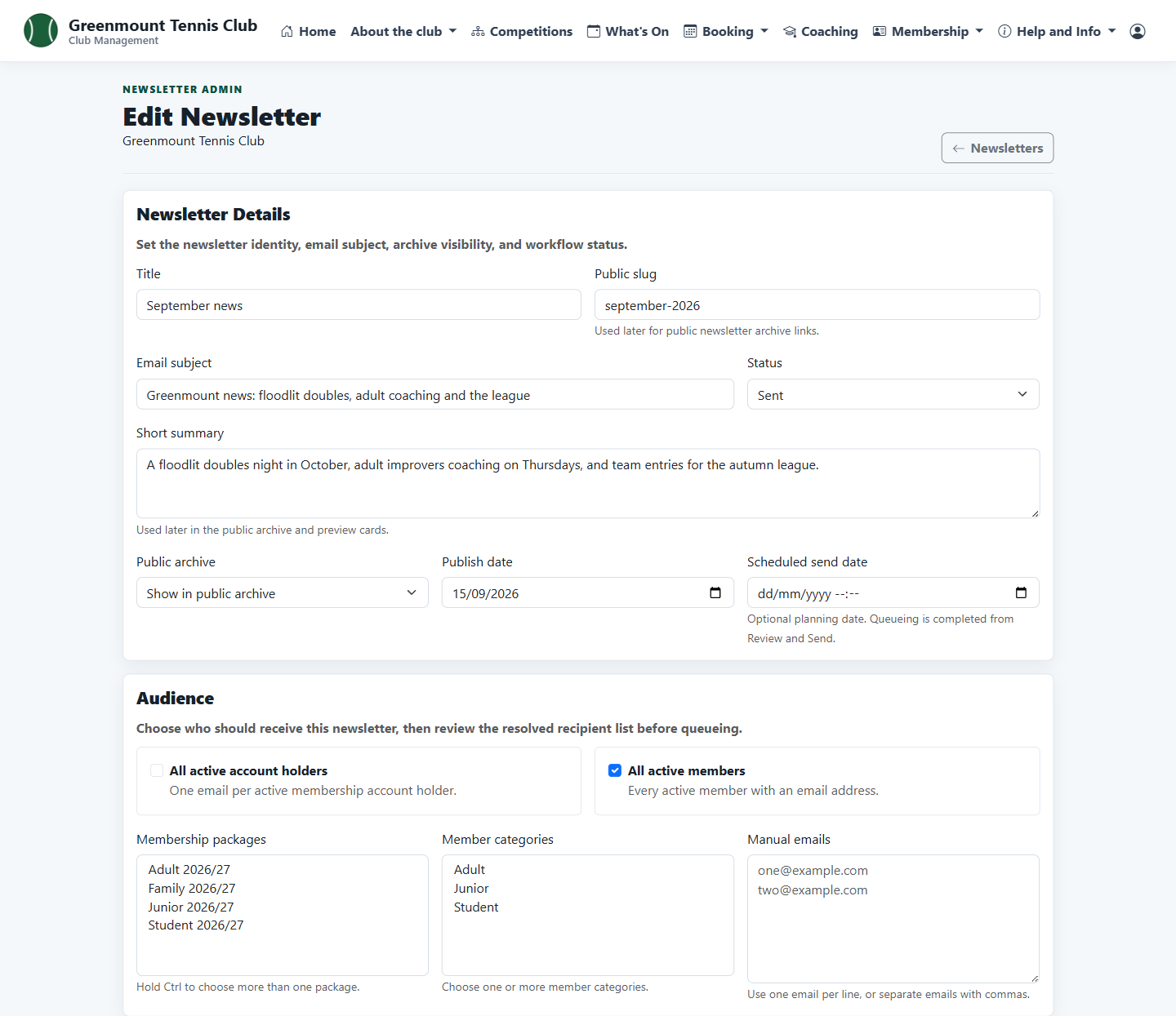 Newsletter editor with audience options