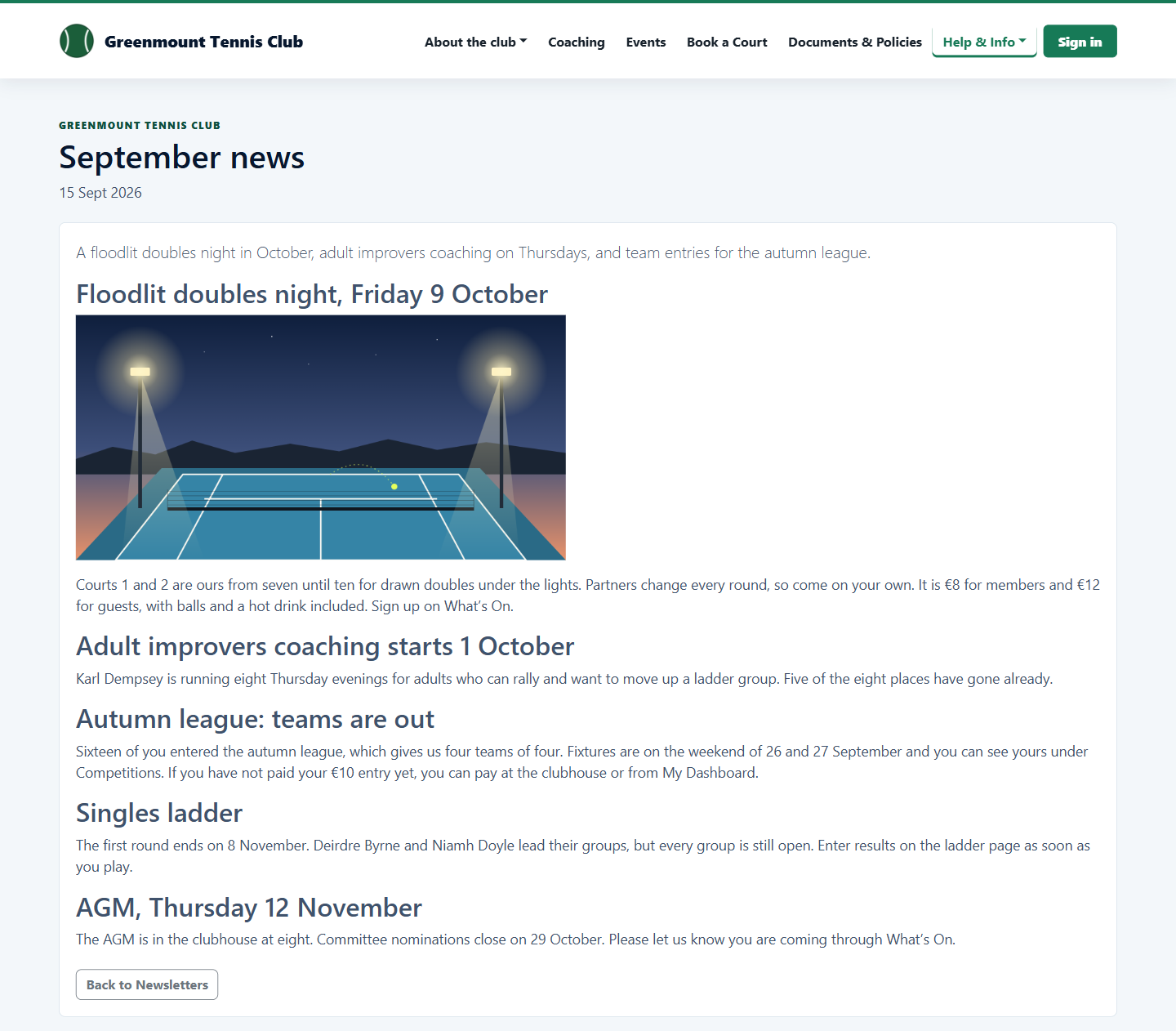 A club newsletter published on the club website