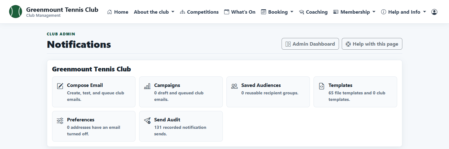 Notifications area for club email