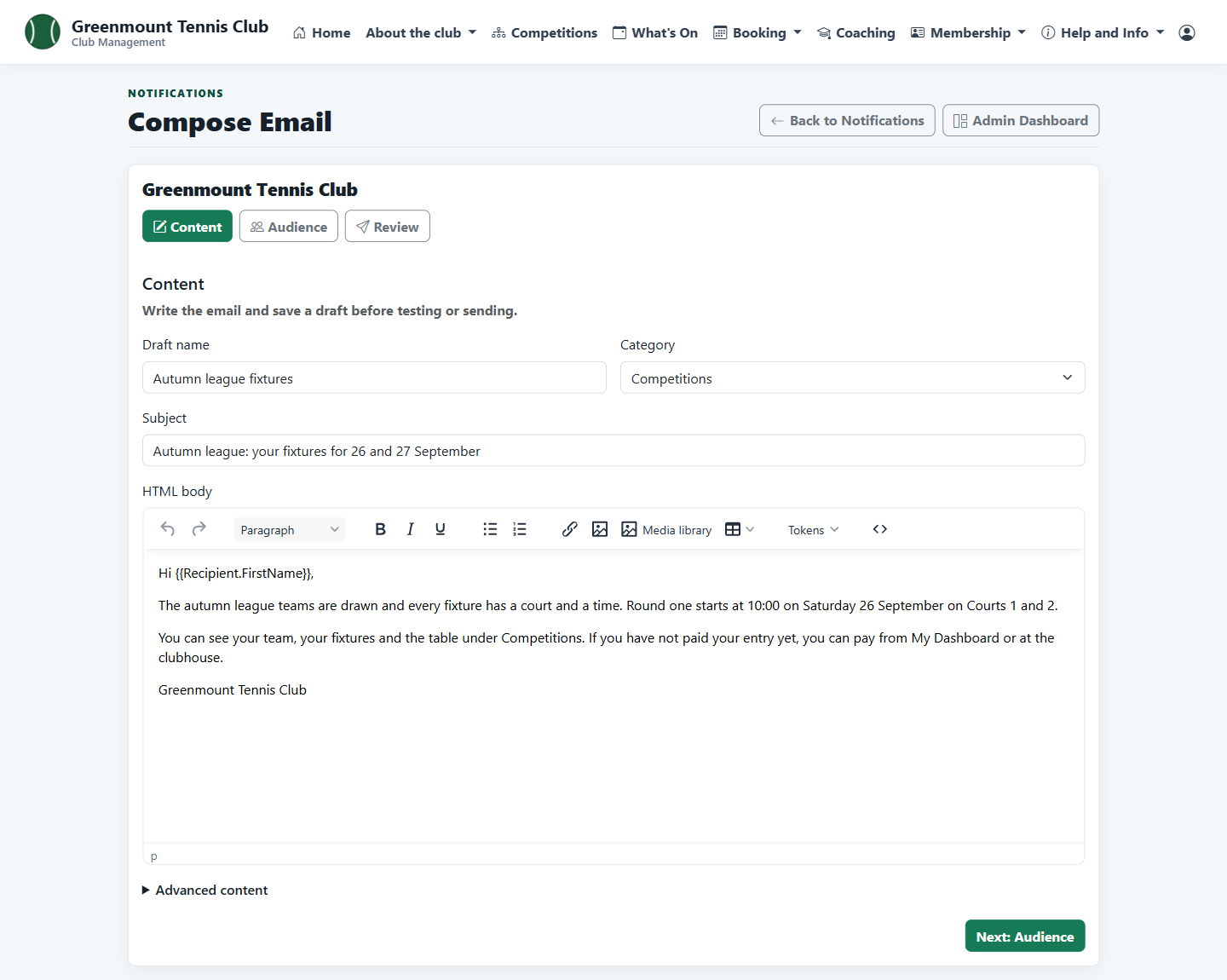 Compose email screen with a draft about league fixtures