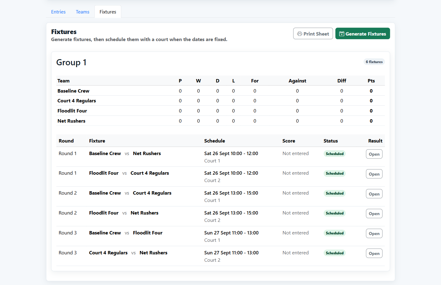 Team league table and scheduled fixtures