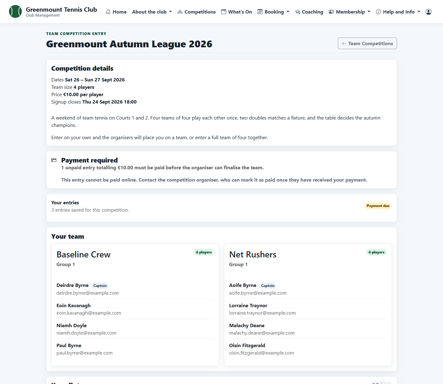 A member's team competition page with their teams