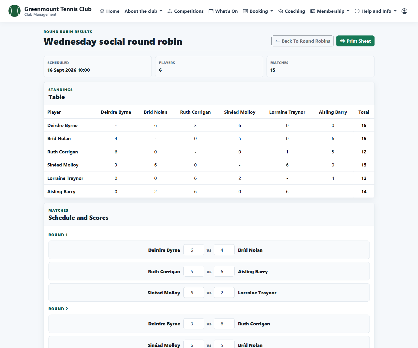 Round robin table and score entry