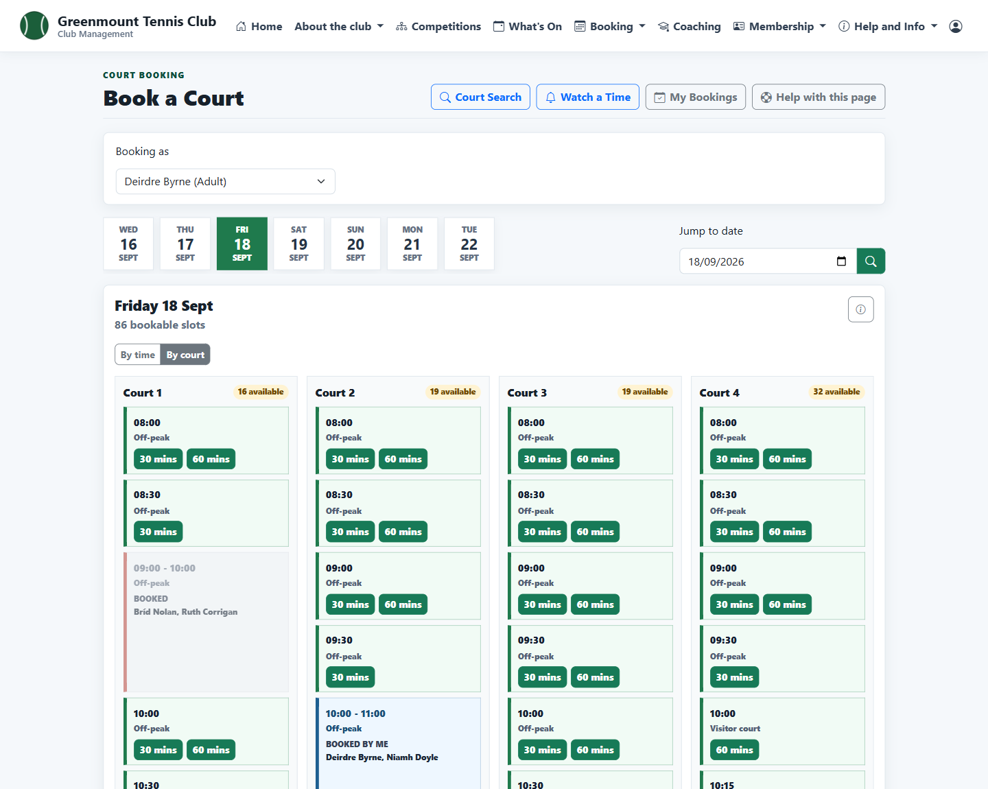 Court booking sheet for a Friday across four courts, booking as a family member