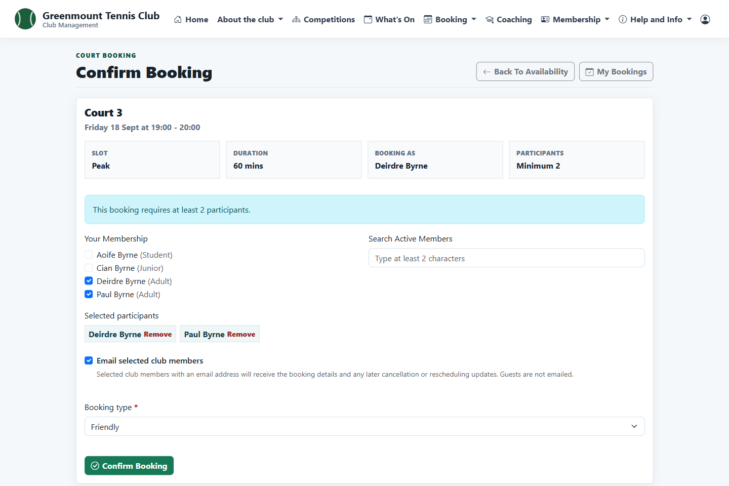 Confirm booking screen with two family members selected