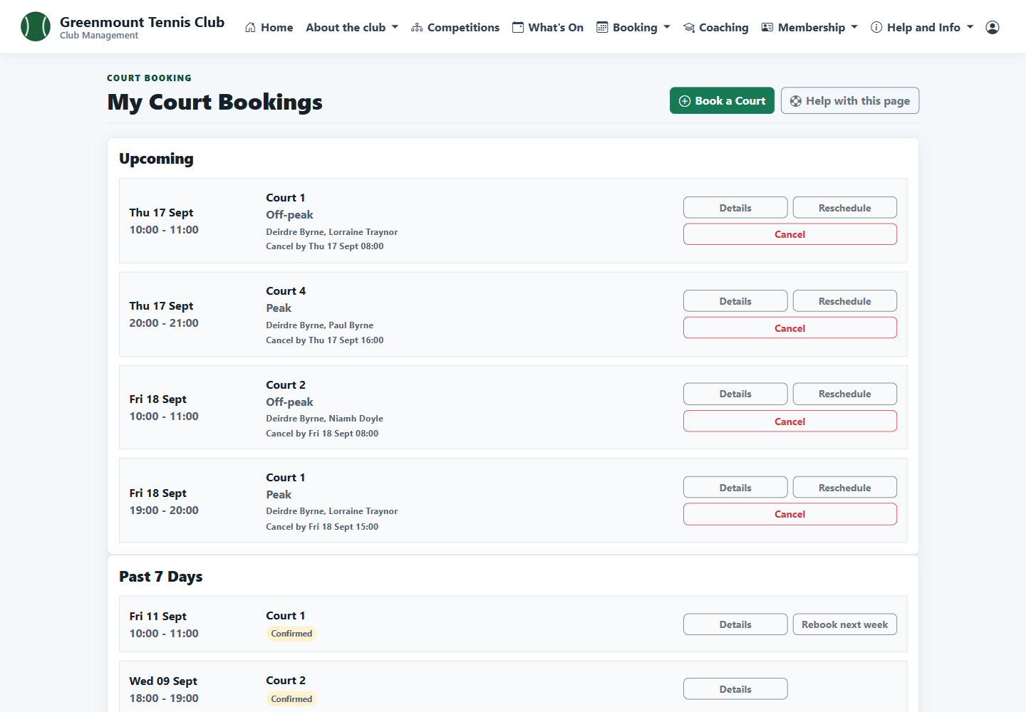 List of a member's upcoming court bookings