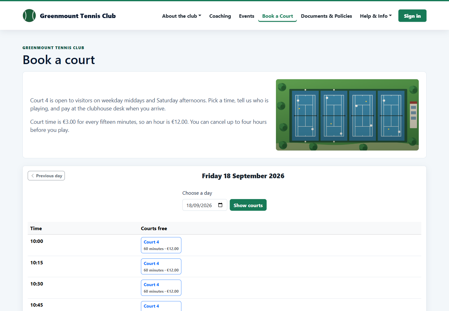 Public court booking page showing Court 4 times and prices