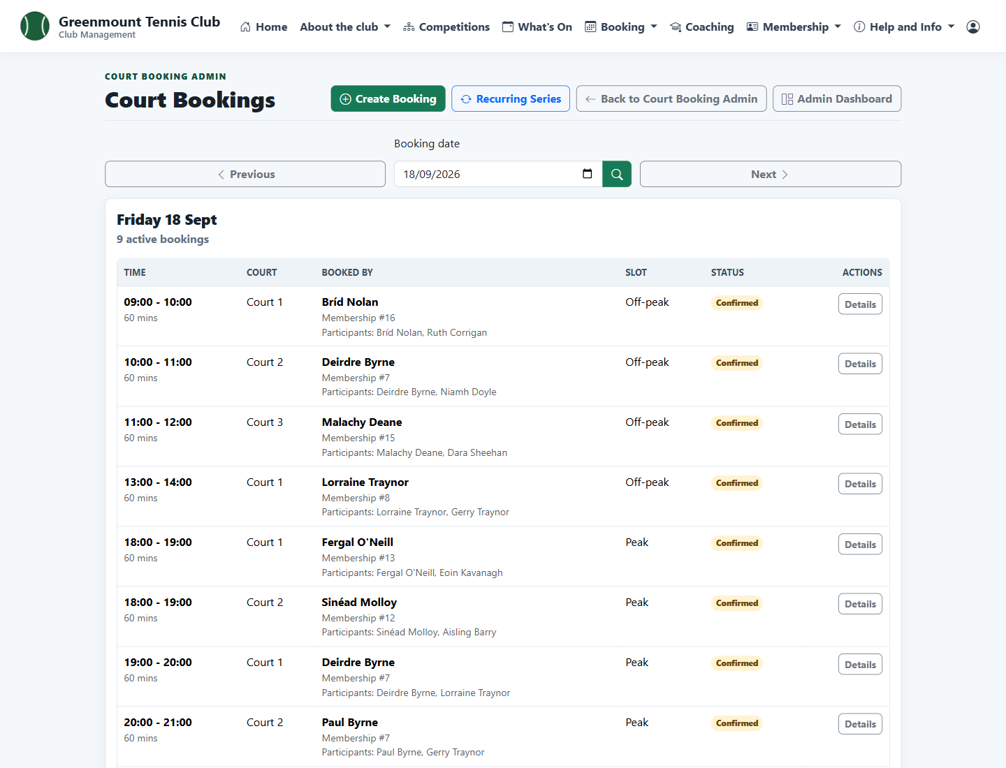 Admin list of the day's court bookings