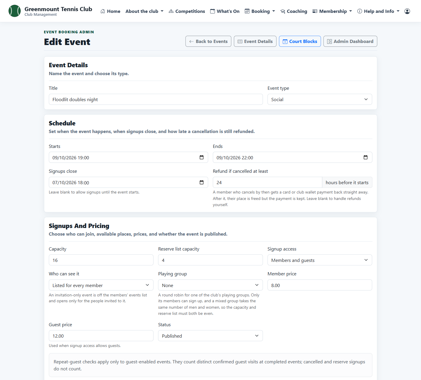 Edit event form with schedule, capacity and prices