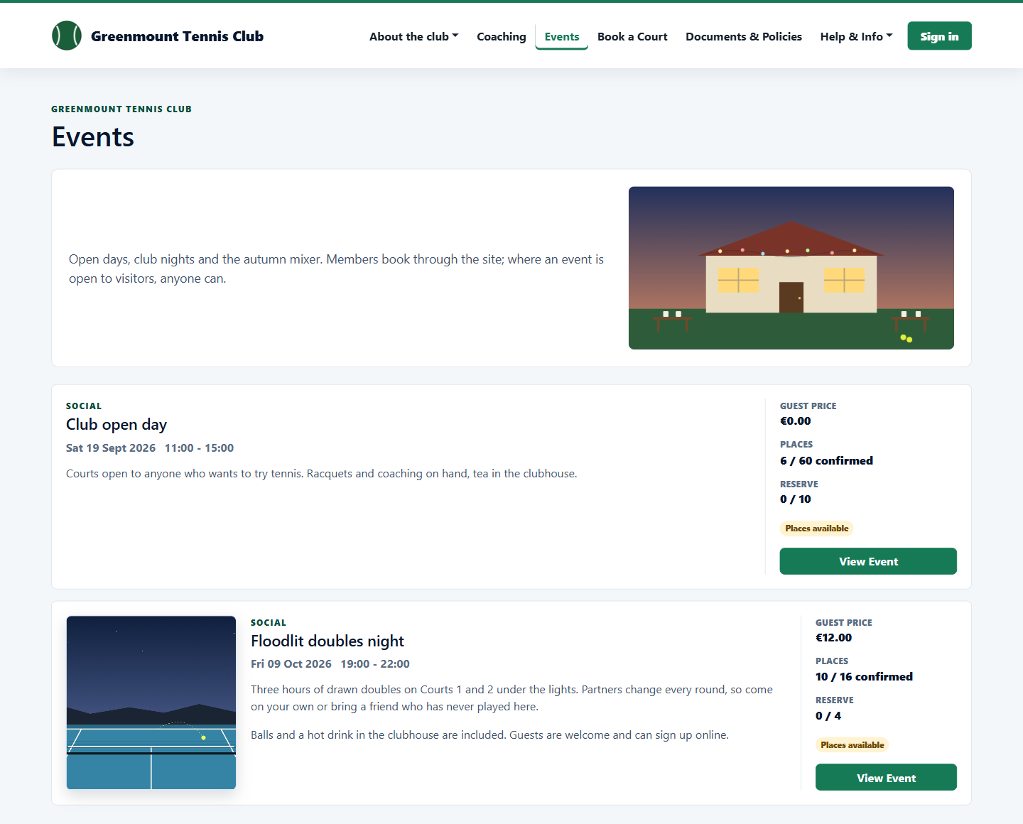 Public events page on the club website