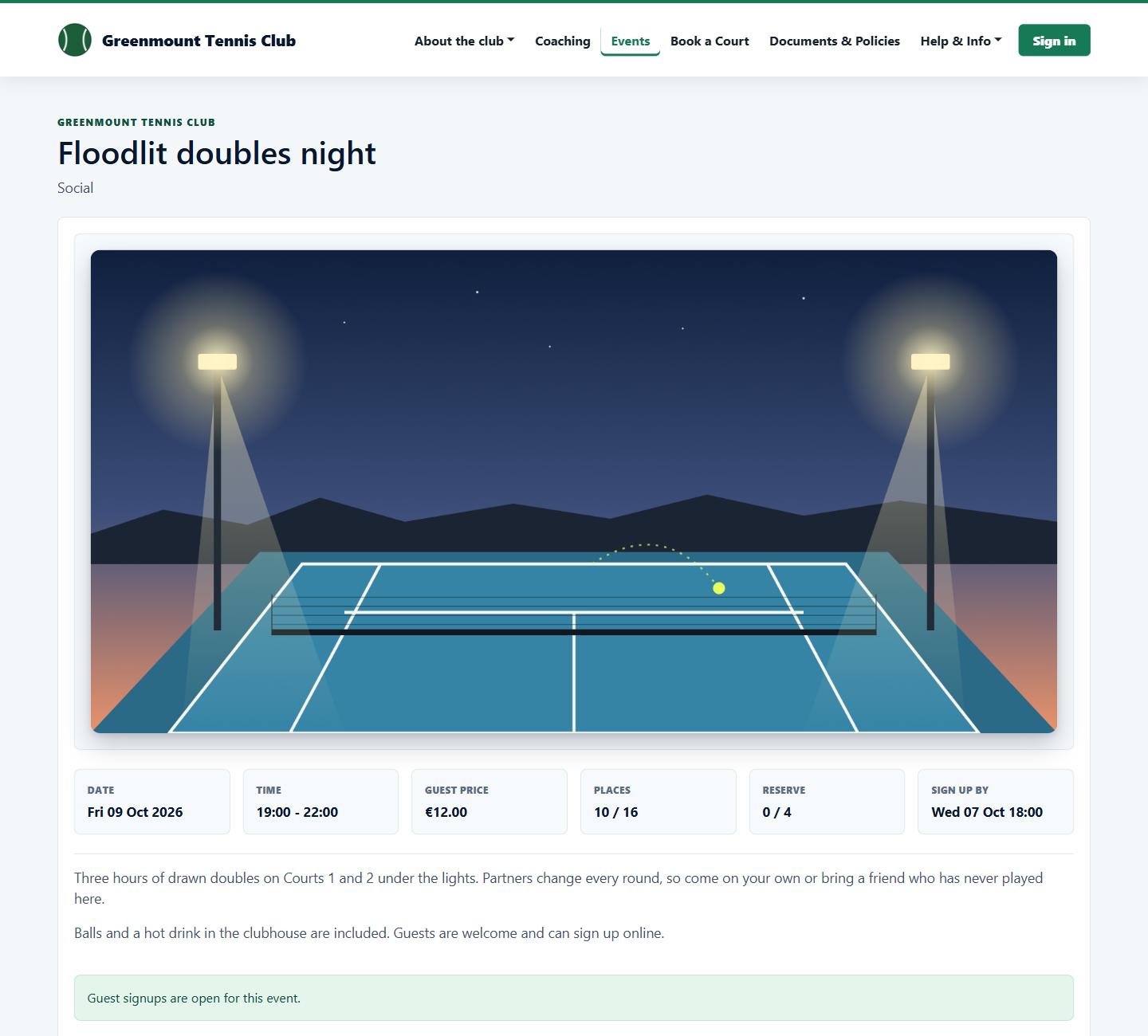 Public event page for a floodlit doubles night with its price, places and signup deadline