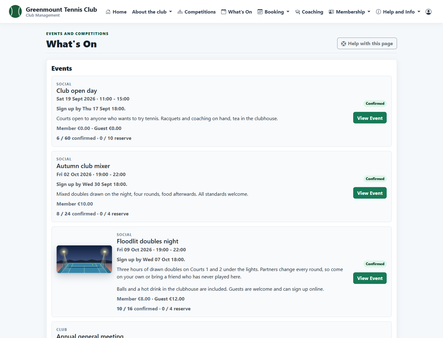 Members' What's On list with confirmed signups