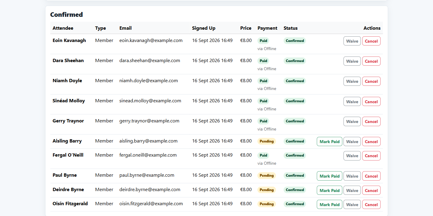 Event signup list with paid and pending payments