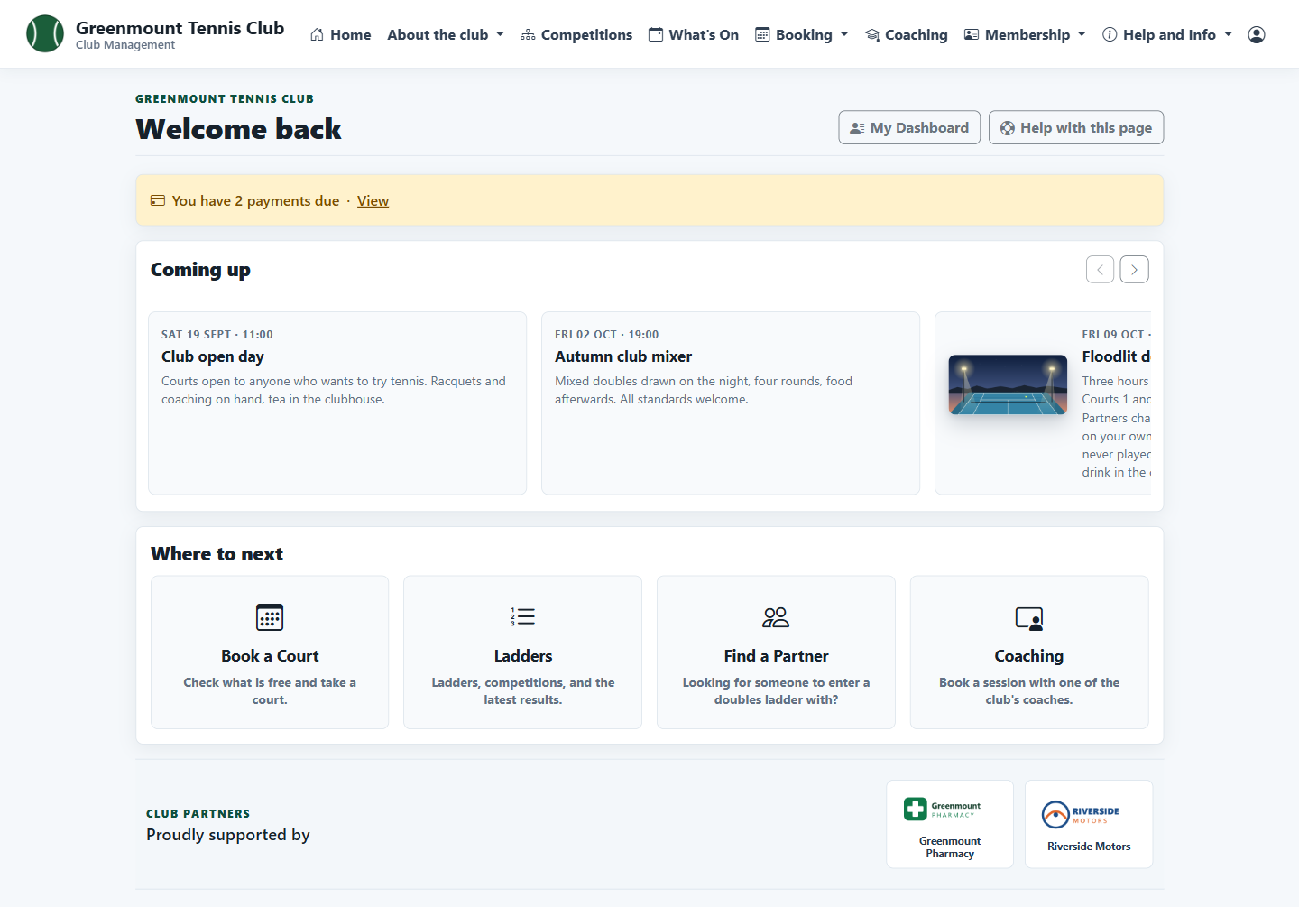 Member home page with events coming up