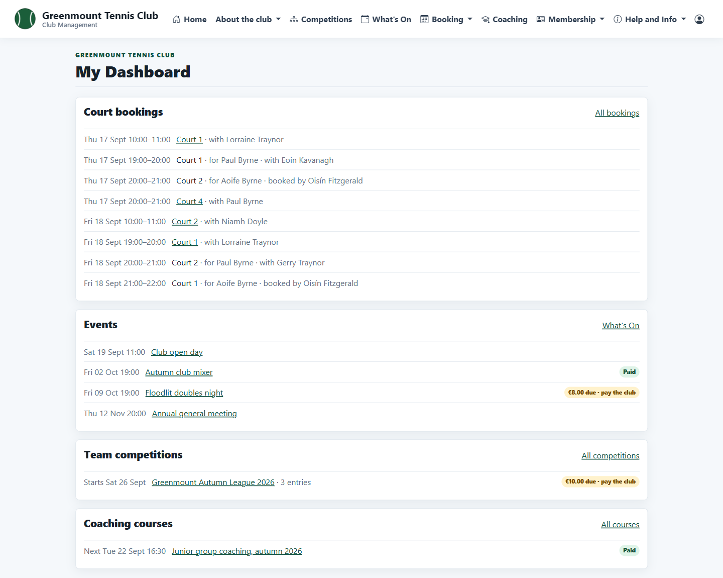 A member's dashboard listing court bookings, events, team competitions and coaching
