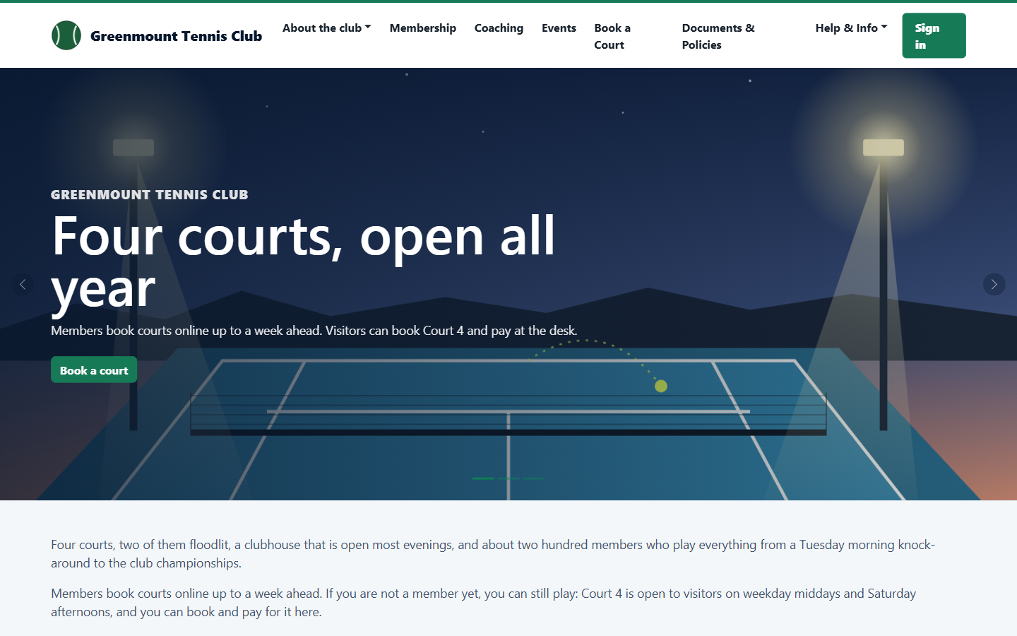 Greenmount Tennis Club public home page with a slide about its floodlit courts