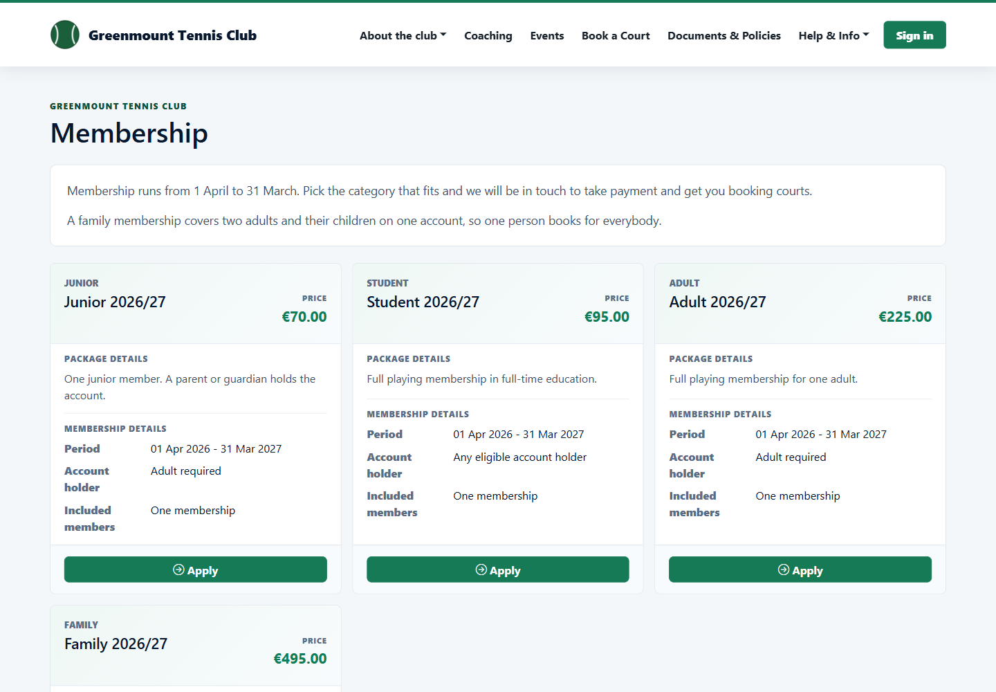 Junior, student, adult and family membership packages with prices