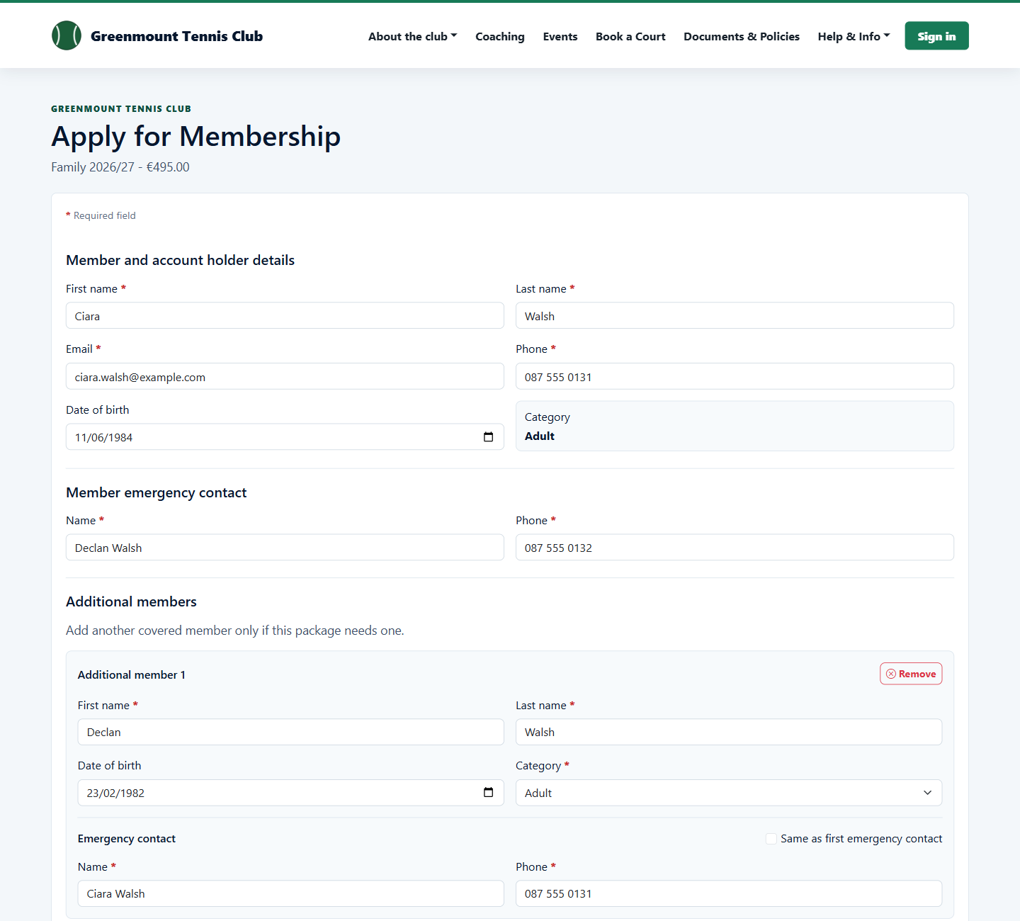 Family membership application form with an additional member