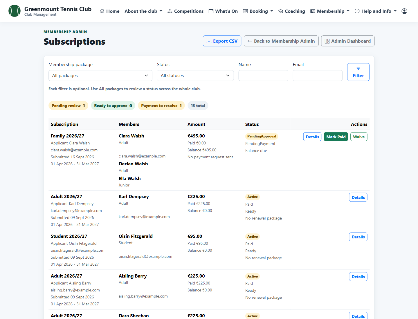 Subscriptions list with a family application waiting for review