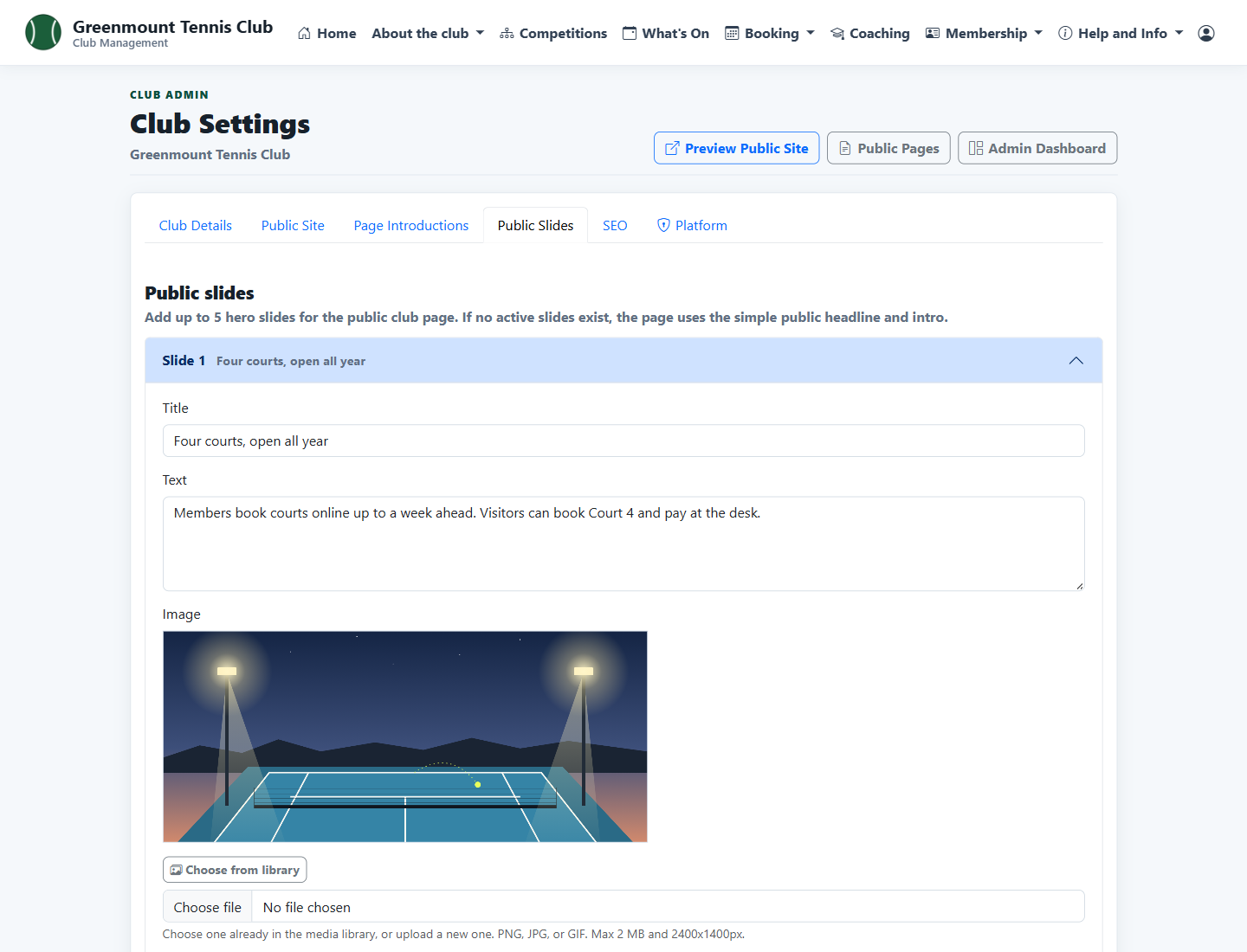 Club Settings with a home page slide