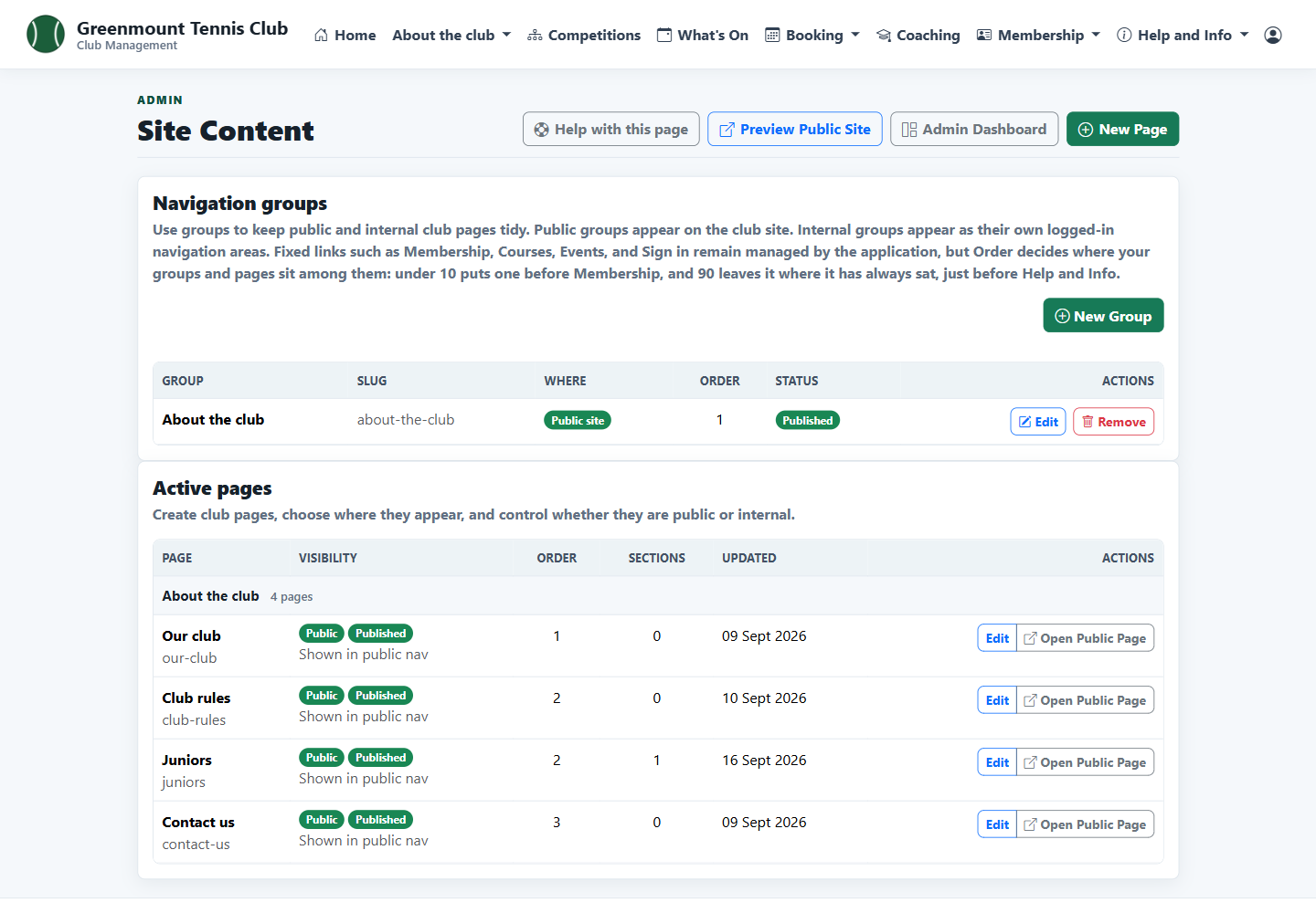 Site content list of club pages