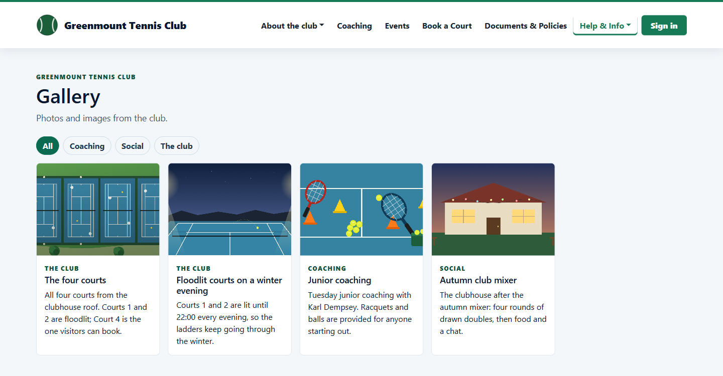 Public gallery on a club website with captions and categories