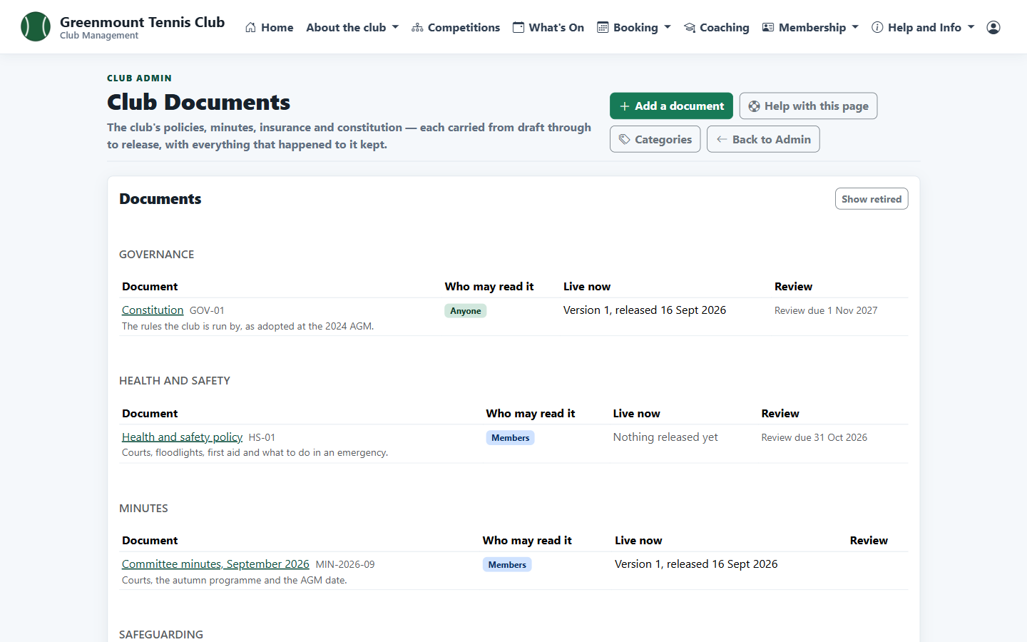 Club documents grouped by category with who may read them